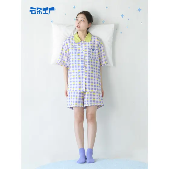 Cloud Factory Good Dream Store Xadrez Homewear Terno Feminino Verão Lyocell Pijama Leve Manga Curta Solta Casual