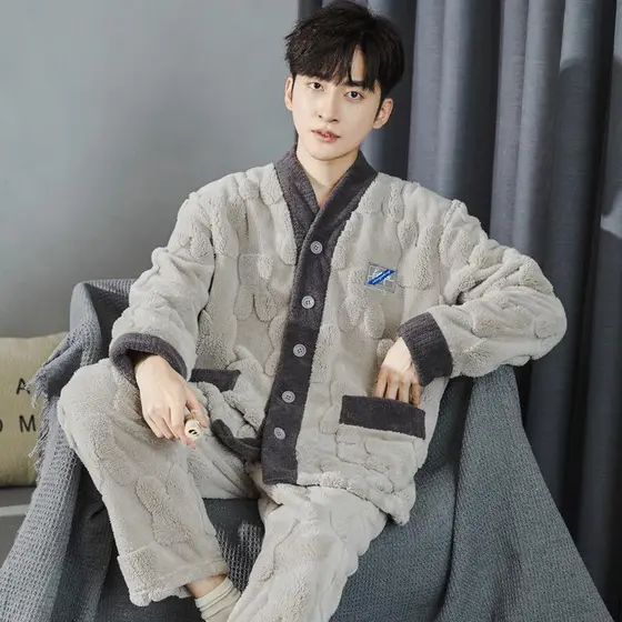 Outono inverno Coral velo pijamas masculino de manga comprida engrossado flanela quente Homewear terno pode ser usado fo