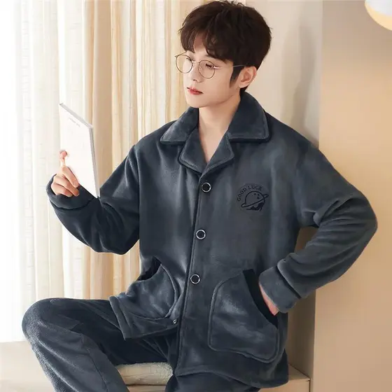 Pijamas masculinos outono inverno forro de lã engrossado flanela Loungewear manter quente mais gordura plus Size Coral v