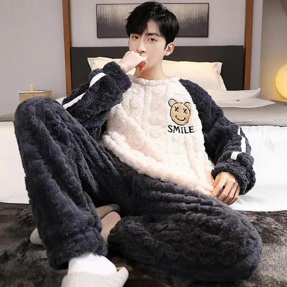 Outono inverno pijamas masculinos Coral velo mais velo engrossado inverno quente flanela Homewear terno