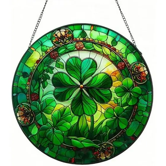 Vitral Lucky Shamrock SunCatcher De 10 Polegadas , Suspensão De Janela De Vidro Manchado , Decorações De Trevo Irlandês 