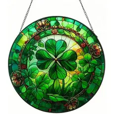 Vitral Lucky Shamrock SunCatcher De 10 Polegadas , Suspensão De Janela De Vidro Manchado , Decorações De Trevo Irlandês 