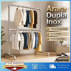 Arara Dupla para Roupas em Aço Inoxidável Cabideiro de Chão 2 Níveis Organizador de Roupas Reforçado para Quarto Closet
