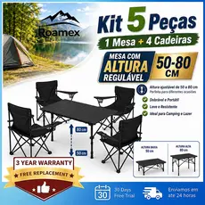 Kit Camping 5 Peças com 1 Mesa Dobrável Ajustável + 4 Cadeiras Dobráveis Portáteis para Camping, Praia