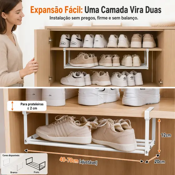 Prateleira Suspensa Ajustável 40-70cm Organizador Extensível para Armário Cozinha Guarda-Roupa Sapatos Sem Furar