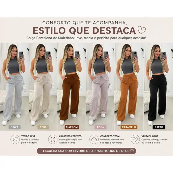Calça Pantalona Feminina Moletom Lanzinha com Elástico na Cintura