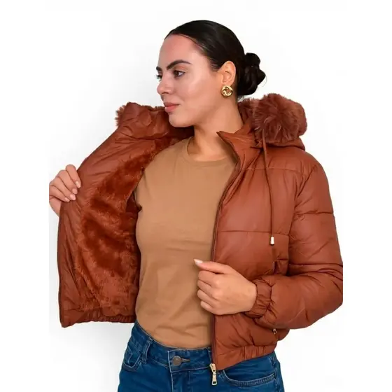 Jaqueta Feminina de Couro Forrada Nylon Capuz Removível Gola Alta Premium Bobojaco De Frio Inverno Peluciado