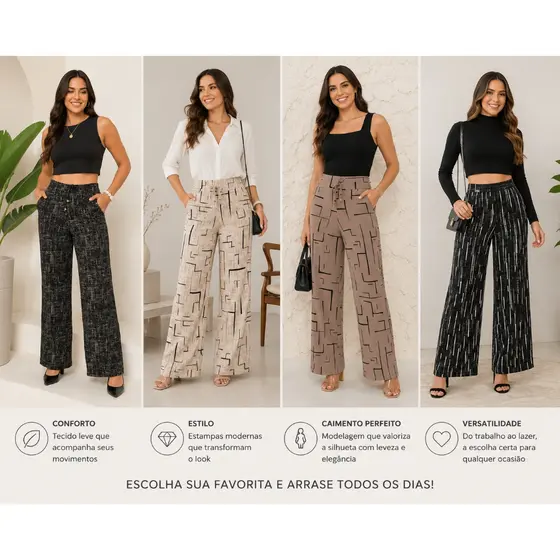 Calça Pantalona Feminina Cintura Alta Estampada – Conforto, Elegância e Caimento Perfeito