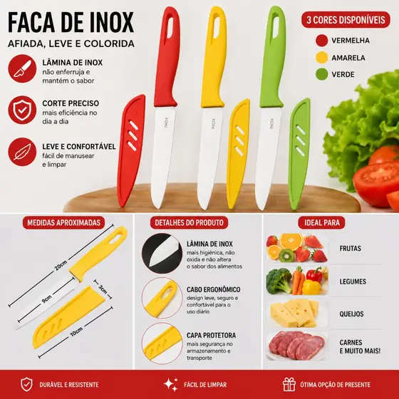 Faca de inox 20cm com Capa Protetora | Ultra Afiada para Frutas, Legumes e Carnes