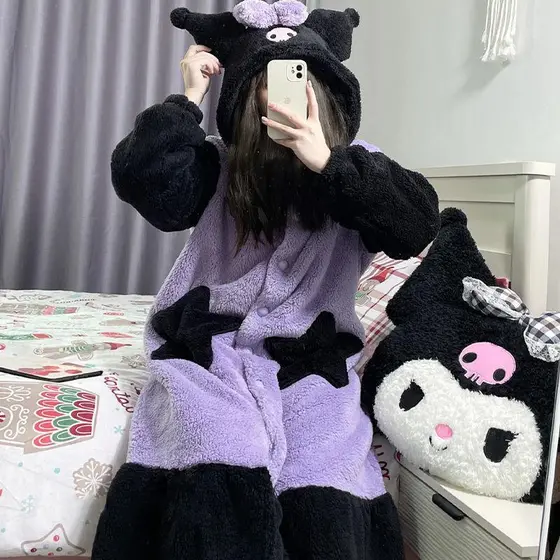 [qxvbwjv Estoque pronto Envio imediato] Camisola estilo fofo Kuromi Coral Fleece 2026 Outono Inverno Forro de lã Pijama