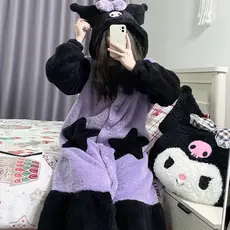 [qxvbwjv Estoque pronto Envio imediato] Camisola estilo fofo Kuromi Coral Fleece 2026 Outono Inverno Forro de lã Pijama