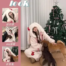[qxvbwjv Estoque pronto Envio imediato] Bonito laço doce coelho Coral velo pijama de uma peça feminino outono inverno 20
