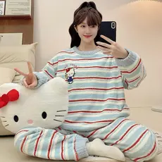 [qxvbwjv Estoque pronto Remessa imediata] Pijama de lã meio lado feminino outono inverno novo estilo fofo desenho animad
