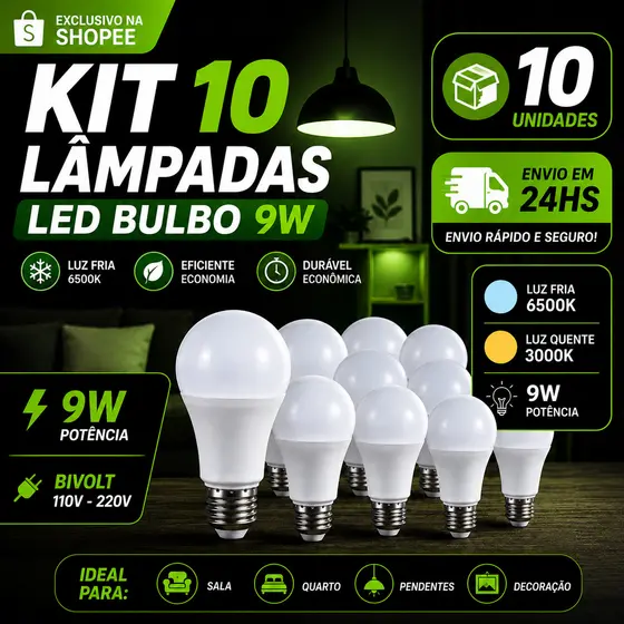 10 Lâmpadas Bivolt Led 9W Iluminação Bulbo A60 Pera Branco Frio 6500K Branco Quente 3000K Luz Amarela E27 Bolinha globo