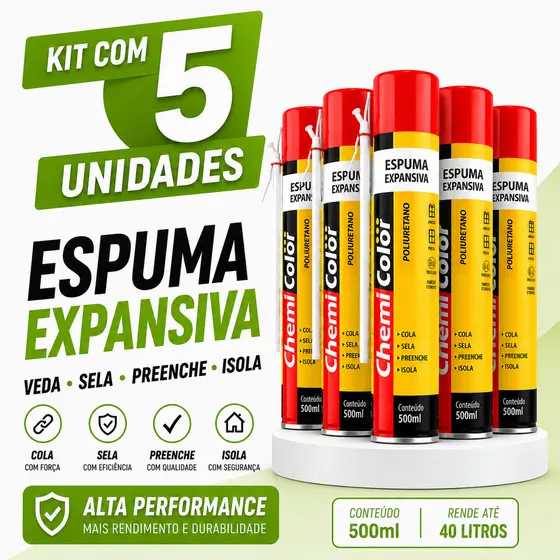Kit Com 5 Espuma Expansiva Chemicolor 500ml PU Vedação Isolamento espuma para vedação espuma expansiva portas e janelas