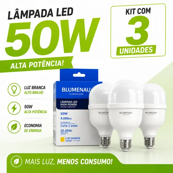 Kit 3 Lâmpadas Bivolt Alta Potencia 50w 6500K Super Bulbo Forte Luz Branca 127v/220v lâmpada led quarto lâmpada cozinha