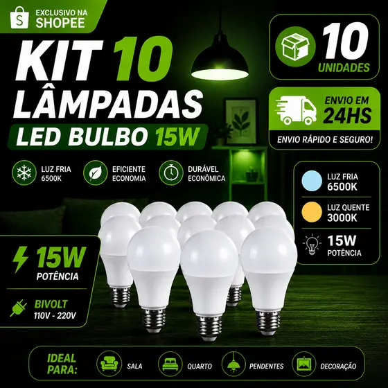 10 Lâmpadas Bivolt Led 15W Iluminação Bulbo A60 Pera Branco Frio 6500K Branco Quente 3000K Luz Amarela E27 Bolinha globo
