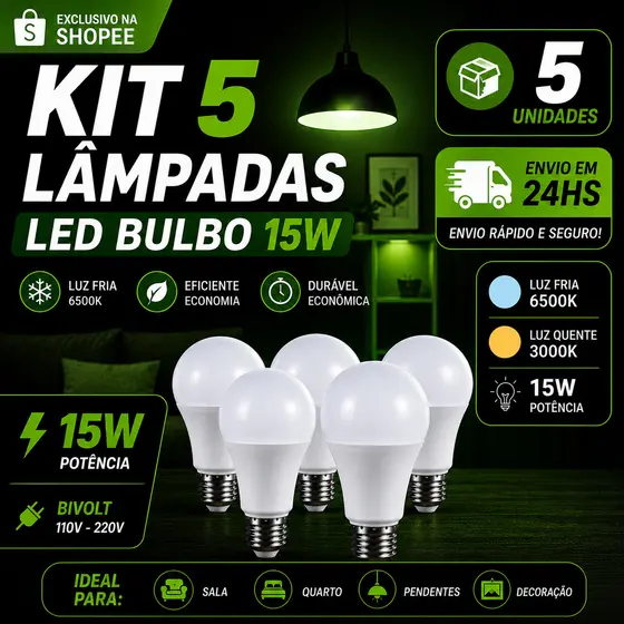 15 Lâmpadas Bivolt Led 15W Iluminação Bulbo A60 Pera Branco Frio 6500K Branco Quente 3000K Luz Amarela E27 Bolinha globo