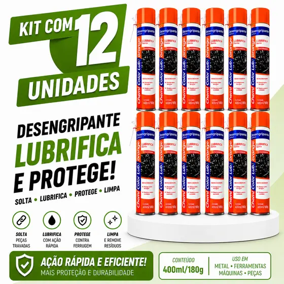 Kit Com 12/6 Unidades Desengripante Antiferrugem Lubrificante Uso Geral ChemiColor Spray Orange 400ml oleo, multi uso