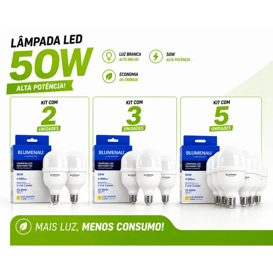 Kit Com 2/3/5 Lâmpadas Bivolt Alta Potencia 50w 6500K Super Bulbo Forte Luz Branca lâmpada led quarto lâmpada cozinha