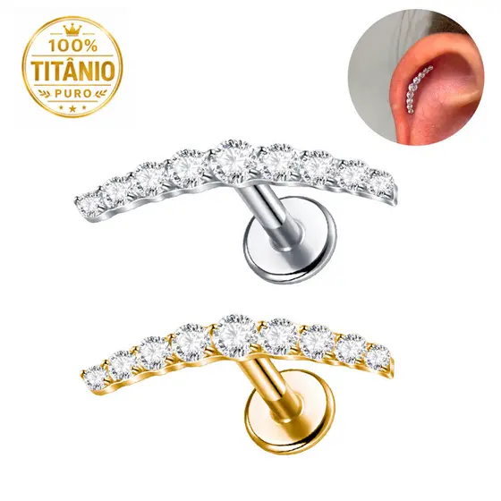 Piercing Labret Curvo 100% Titânio com Zircônia para Orelha Nariz Conch Helix Tragus