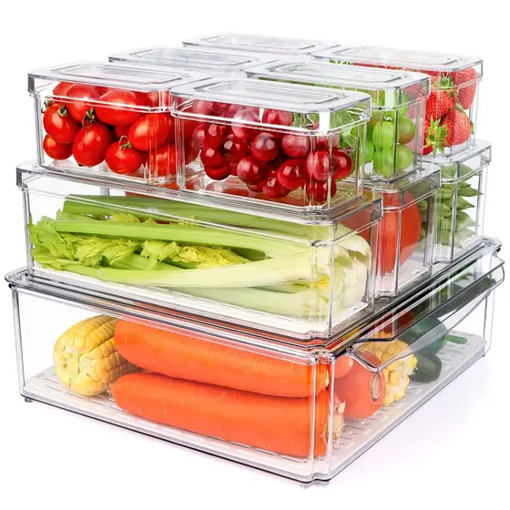 Caixas Organizadoras de Geladeira Transparente BPA Free Empilhável para Frutas Verduras Alimentos Cozinha