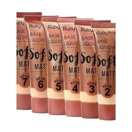 Base Líquida Soft Matte Ruby Rose 29ml, disponível nos tons bege e chocolate.