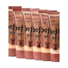 Base Líquida Soft Matte Ruby Rose 29ml, disponível nos tons bege e chocolate.