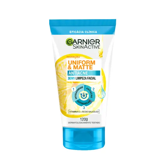 Gel de Limpeza Facial 3 em 1 Antiacne para Pele Oleosa com Ácido Salicílico Uniform & Matte Garnier 120g