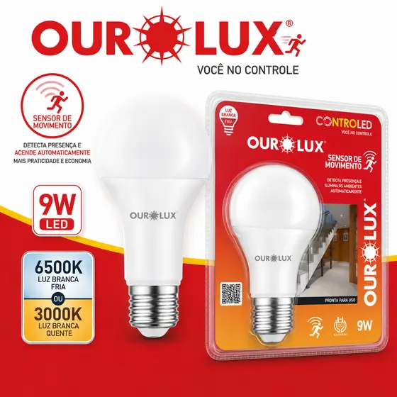 Lâmpadas LED 9W Sensor Presença 6500K Branco Frio Ourolux Bivolt Sensor de Movimento