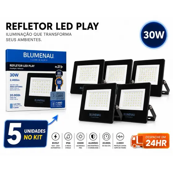 5 / 4 / 3 / 2 Refletores LED 30W Blumenau Alumínio Bivolt IP66 6500K 3K Externo Prova D'Água AltaPotência Jardim Garagem