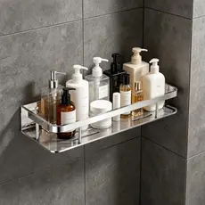 Porta Shampoo de Parede 39cm Aço Inox Prata Organizador para Banheiro Cola ou Parafuso