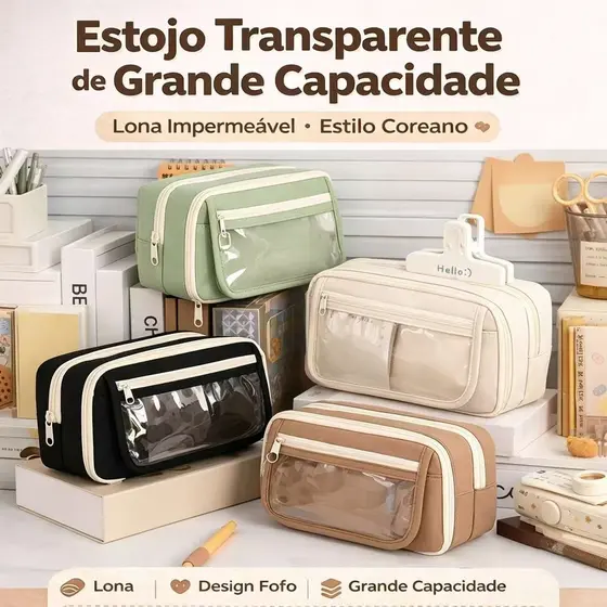 Estojo de Lápis Transparente Grande | Lona Impermeável Estilo Coreano Escolar