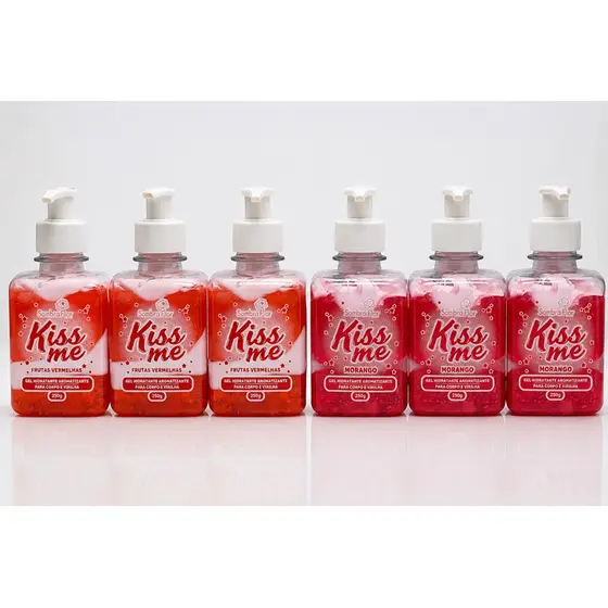 Kit 6 Gel Hidratante Aromatizante Kiss Me 250g Morango Frutas Vermelhas Corpo e Virilha Hidrata Perfuma Ideal  Revenda