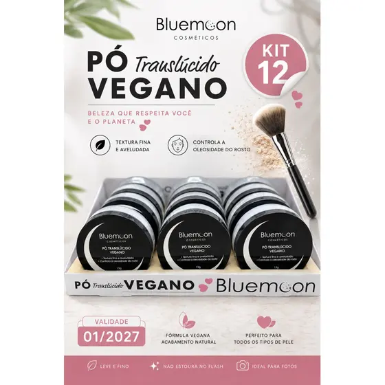 Kit 12 Pó Translúcido Vegano Bluemoon 13g Acabamento Natural Controle da Oleosidade Validade 01/2027