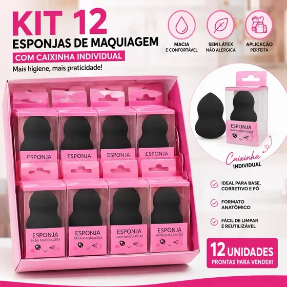 Kit 12 Esponjas de Maquiagem Pretas com Estojo Individual | Macias, Sem Látex | Mini Atacado