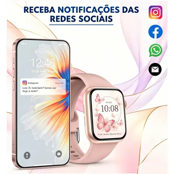 Smartwatch Feminino Relógio Inteligente 38mm Notificações de Mensagens Tela Touch Mostradores Personalizados Android iOS