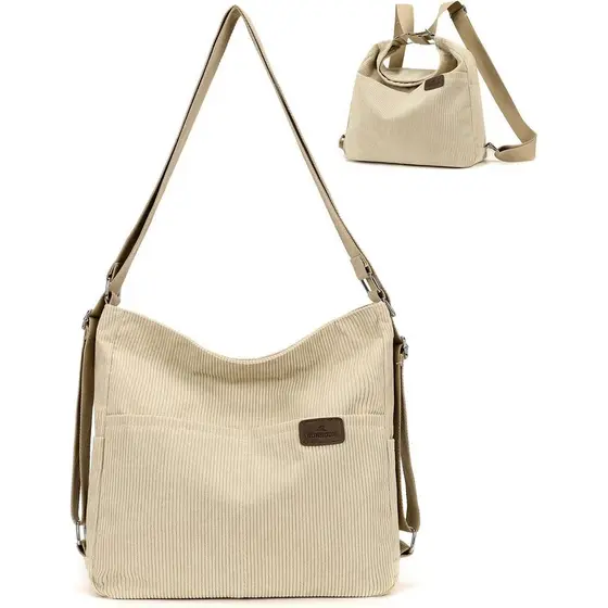 Bolsa Tote de Veludo Cotelê para Mulheres, Conversível em Mochila, Bolsa Transversal, Bolsa Hobo para Mulheres, para Fac
