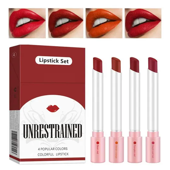Batom Matte em 4 Cores, Lip Tint, Lip Stain, Batom Matte Aveludado, 24 Horas de Longa Duração e Resistente à Água, Batom