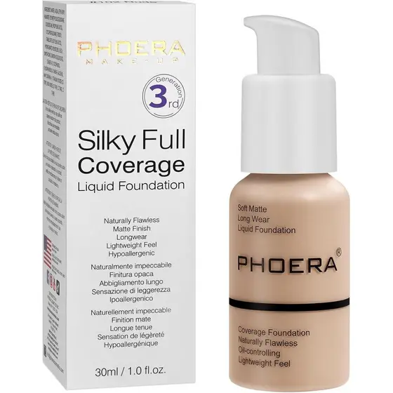Base PHOERA, base líquida profissional à prova d'água, oferece cobertura de 24 horas - efeito matte impecável (102-Nude)