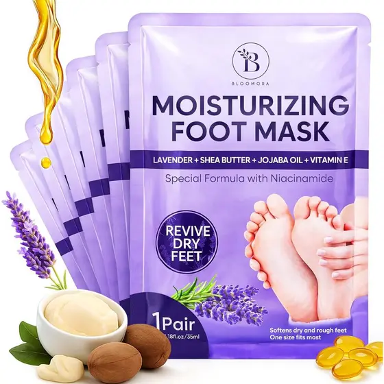 Pacote com 6 máscaras hidratantes para os pés com lavanda, adequadas para pés extremamente secos e danificados - contém