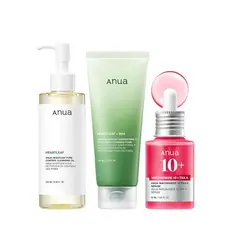 Conjunto para Iniciantes Anua 3 Passos para Pele de Vidro, Limpador Oleoso e Sabonete Facial com Sérum Facial, Rotina Di