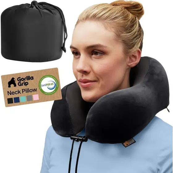 Almofada de Pescoço para Viagem GORILLAGRIP para Aviões, CertiPUR-US ® AlmofadasCoolingMesh, Capa Lavável de Veludo Maci