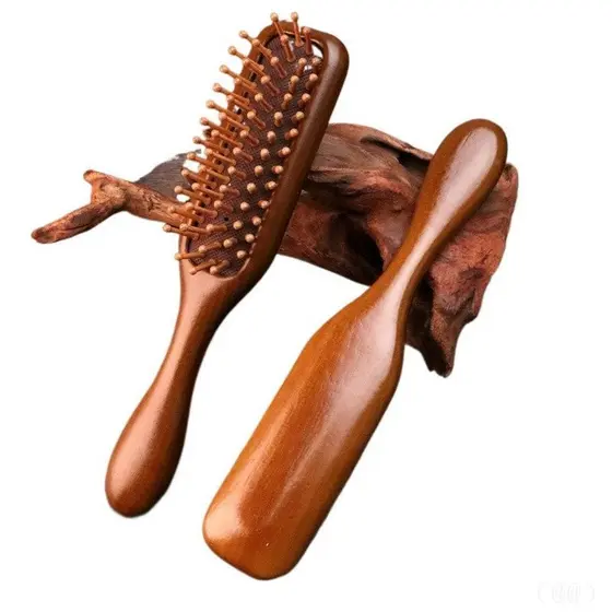 Pente de Madeira para Cabelo 1 Peça, Seda Dourada, Sândalo, Pente Estreito com Almofada de Ar, Cuidado do Couro Cabeludo