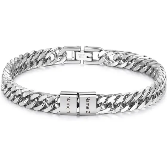 Pulseira Personalizada Cuban Link para Homens – Pulseira de Corrente em Aço Inoxidável com Nomes Gravados – Presente par