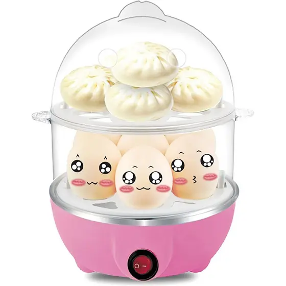 Cozedor de Ovos, Duas Camadas, Rosa, 6 Polegadas de Diâmetro, Cozedor Elétrico para Ovos, Milho, Pães Recheados e Refeiç