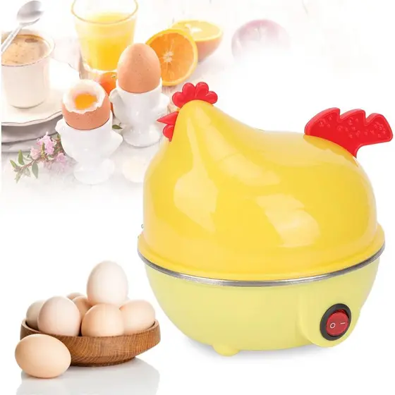 Cozedor de Ovos Elétrico Multifuncional em Forma de Galinha, Capacidade para 7 Ovos, Desligamento Automático, Mini Máqui