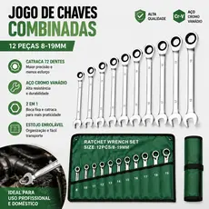 Jogo de Chaves Combinadas com Catraca 2 em 1 – 14 Peças de 8 a 24mm | Aperto Rápido e Profissional