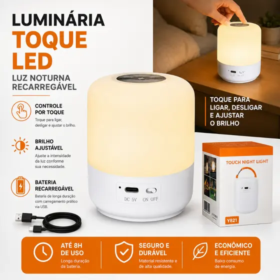 Luminária de Mesa LED Recarregável com Relógio Digital e Controle Remoto, Abajur Touch