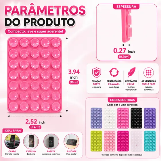 Suporte Ventosa para Celular Reutilizável Dupla Face Fixação Forte para Selfie Vídeos Espelho e Carro